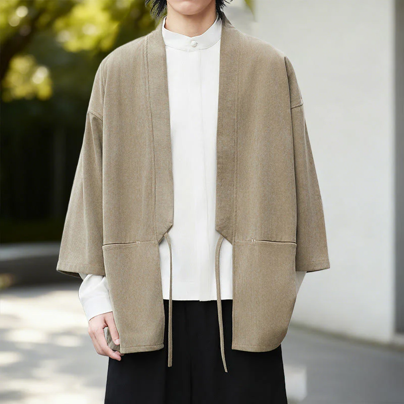 Giacca in velluto a coste a maniche lunghe con apertura frontale e tinta unita Buddha Stones, camicia kimono in cotone e lino da uomo - Image 16