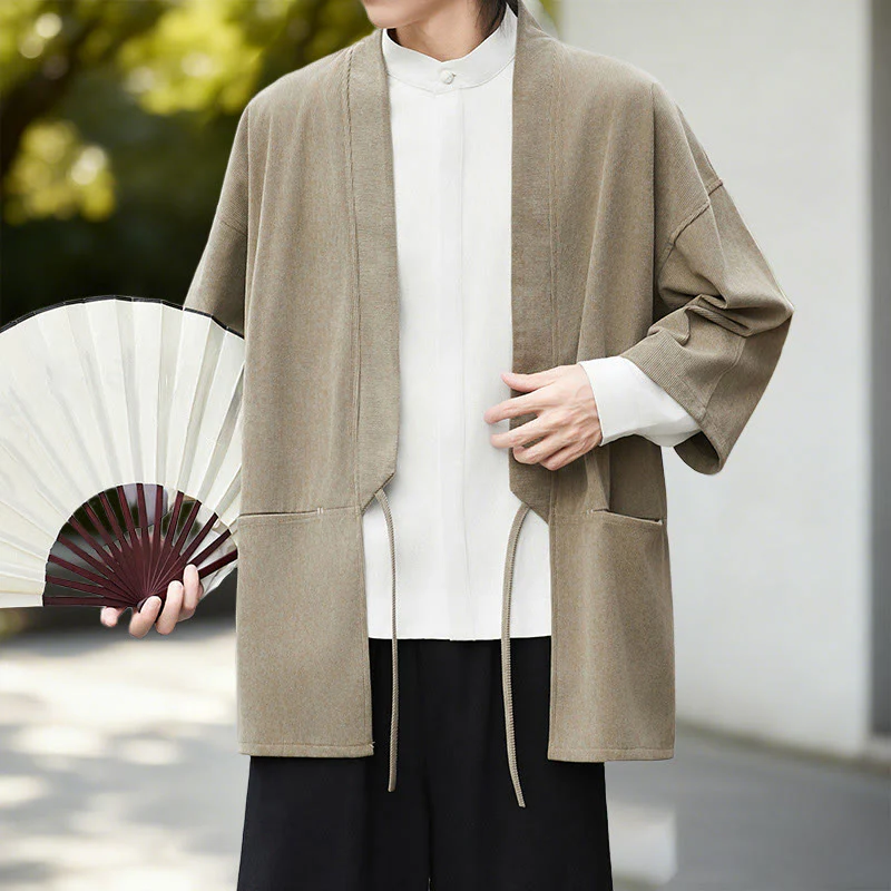 Giacca in velluto a coste a maniche lunghe con apertura frontale e tinta unita Buddha Stones, camicia kimono in cotone e lino da uomo - Image 17