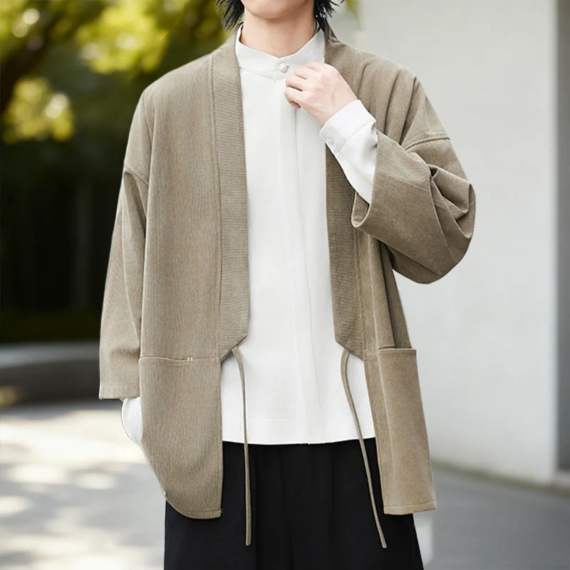 Giacca in velluto a coste a maniche lunghe con apertura frontale e tinta unita Buddha Stones, camicia kimono in cotone e lino da uomo - Image 18