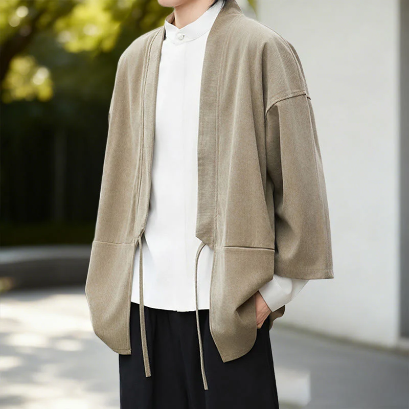 Giacca in velluto a coste a maniche lunghe con apertura frontale e tinta unita Buddha Stones, camicia kimono in cotone e lino da uomo - Image 19