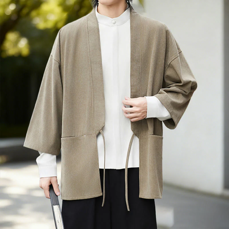 Giacca in velluto a coste a maniche lunghe con apertura frontale e tinta unita Buddha Stones, camicia kimono in cotone e lino da uomo - Image 20