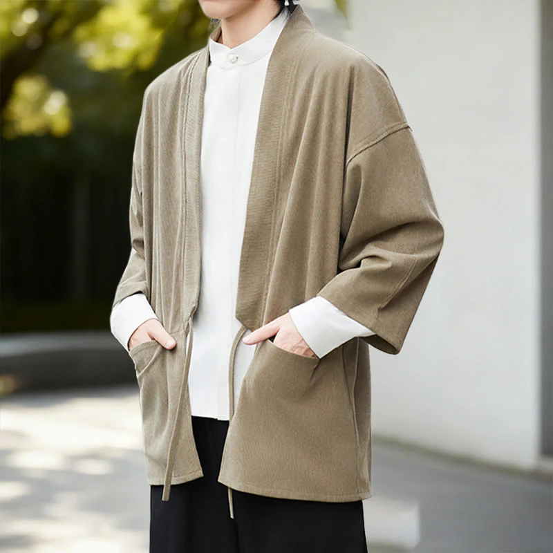 Giacca in velluto a coste a maniche lunghe con apertura frontale e tinta unita Buddha Stones, camicia kimono in cotone e lino da uomo - Image 21