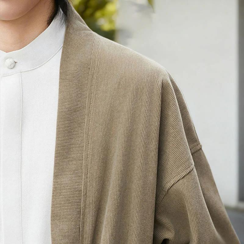 Giacca in velluto a coste a maniche lunghe con apertura frontale e tinta unita Buddha Stones, camicia kimono in cotone e lino da uomo - Image 22