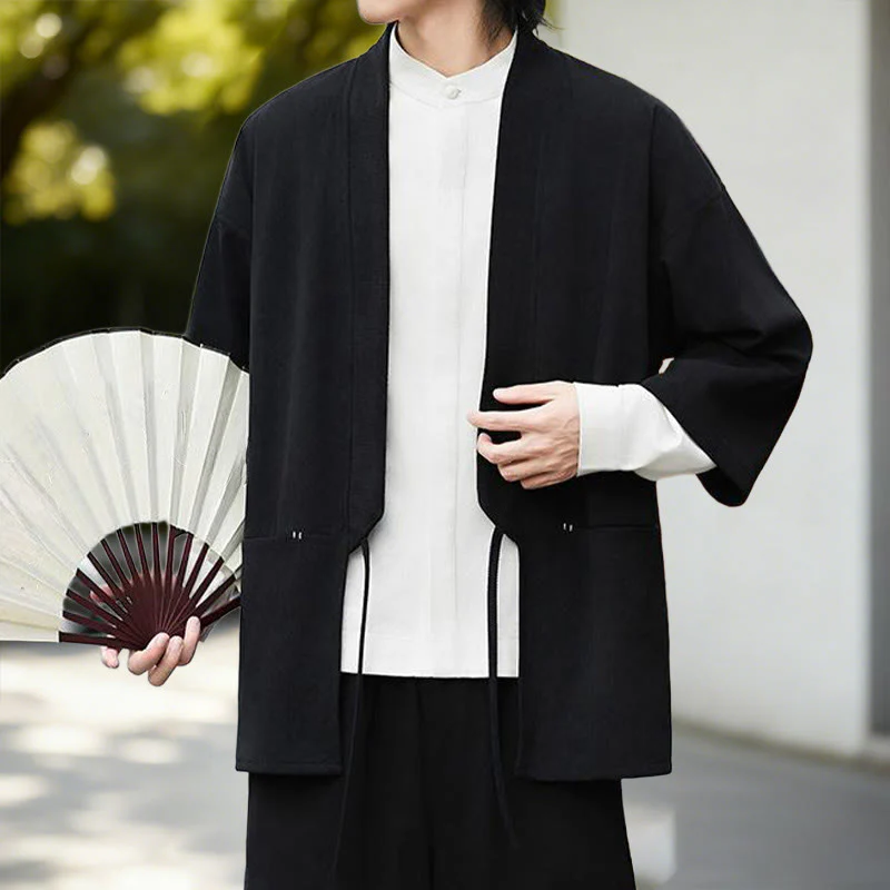Giacca in velluto a coste a maniche lunghe con apertura frontale e tinta unita Buddha Stones, camicia kimono in cotone e lino da uomo - Image 3
