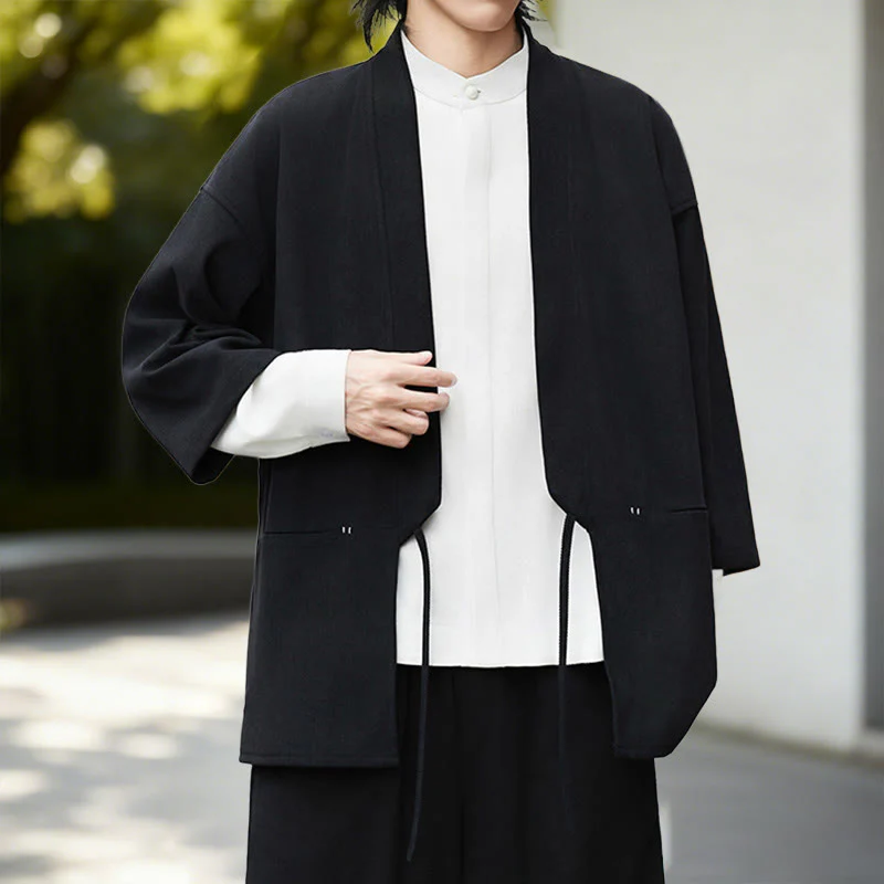 Giacca in velluto a coste a maniche lunghe con apertura frontale e tinta unita Buddha Stones, camicia kimono in cotone e lino da uomo - Image 4