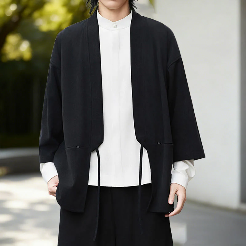 Giacca in velluto a coste a maniche lunghe con apertura frontale e tinta unita Buddha Stones, camicia kimono in cotone e lino da uomo - Image 6