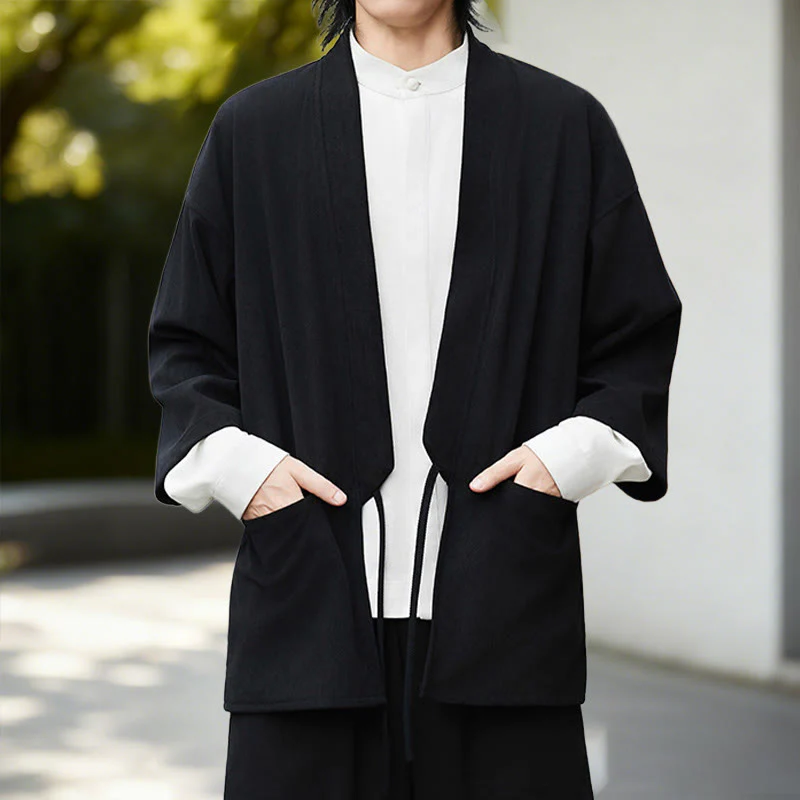 Giacca in velluto a coste a maniche lunghe con apertura frontale e tinta unita Buddha Stones, camicia kimono in cotone e lino da uomo - Image 7