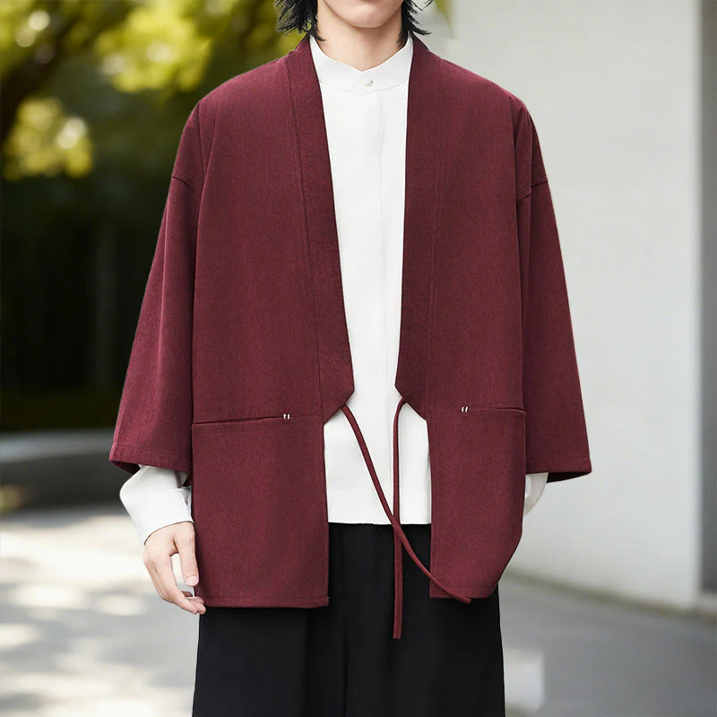 Giacca in velluto a coste a maniche lunghe con apertura frontale e tinta unita Buddha Stones, camicia kimono in cotone e lino da uomo - Image 8