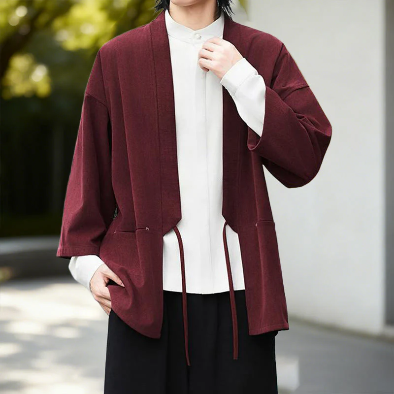 Giacca in velluto a coste a maniche lunghe con apertura frontale e tinta unita Buddha Stones, camicia kimono in cotone e lino da uomo - Image 9