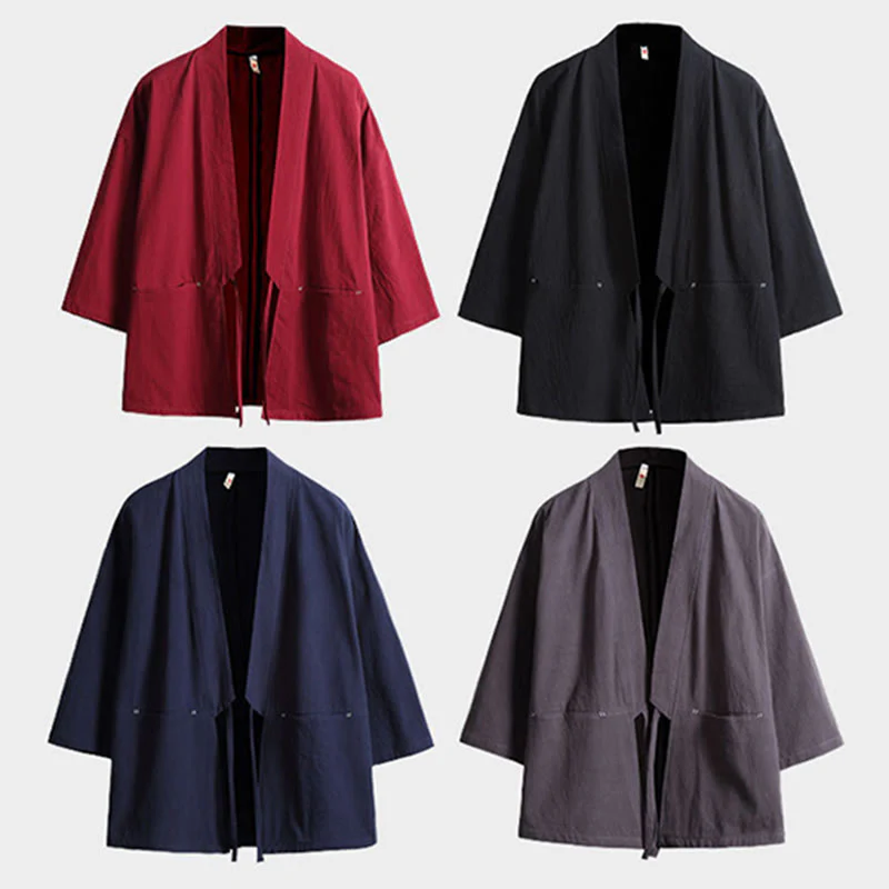 Giacca kimono da uomo con maniche a tre quarti, aperta sul davanti, tinta unita, con lacci Buddha Stones - Image 17