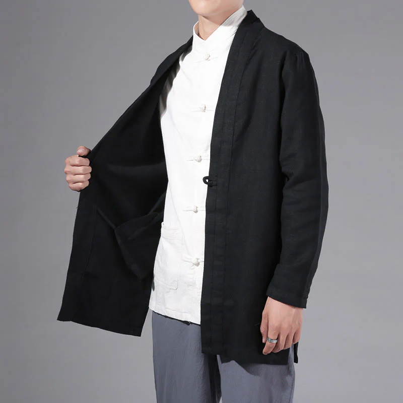 Giacca kimono da uomo a maniche lunghe in cotone e lino, con motivo semplice e aperto sul davanti, motivo Buddha Stones - Image 18