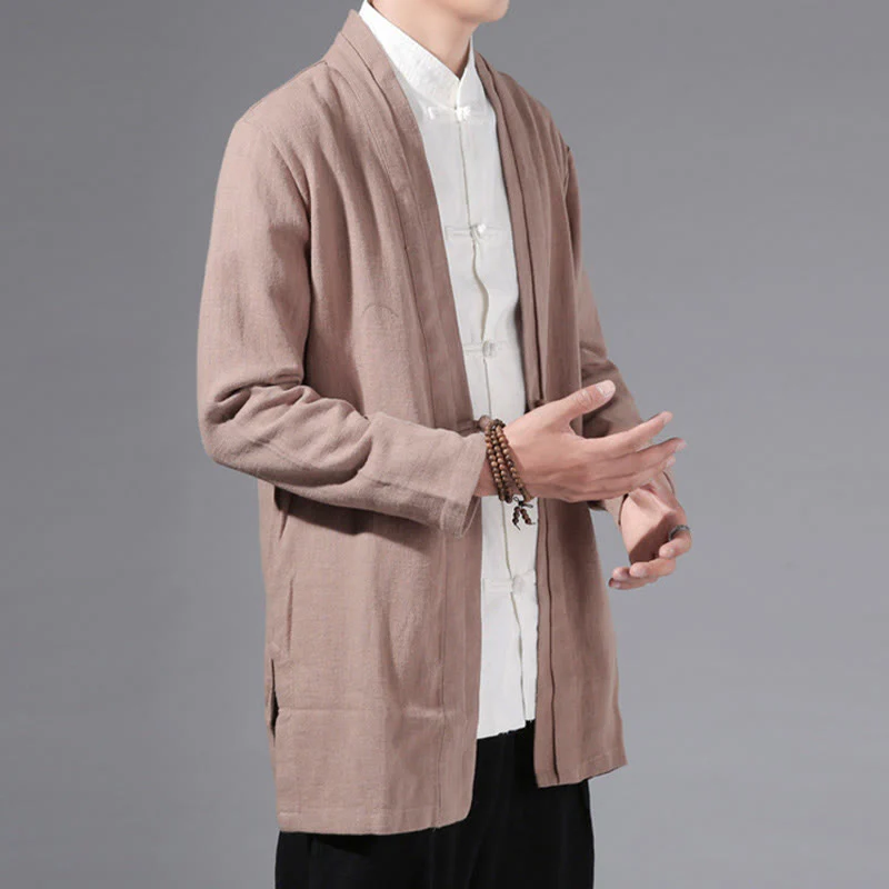 Giacca kimono da uomo a maniche lunghe in cotone e lino, con motivo semplice e aperto sul davanti, motivo Buddha Stones - Image 28