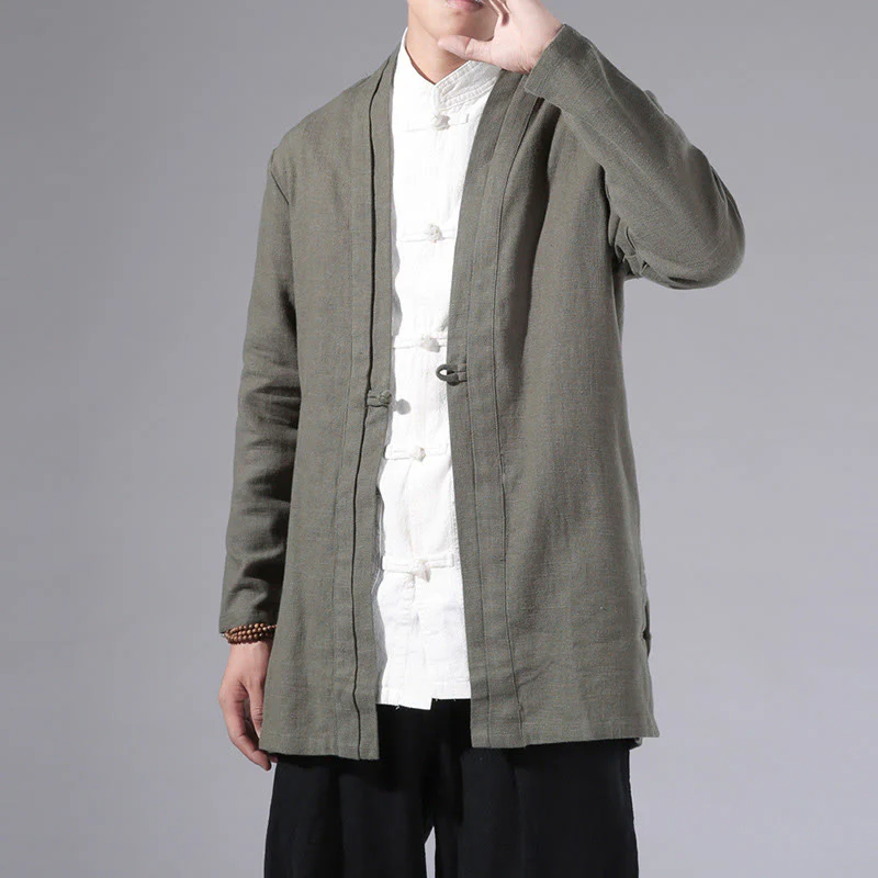 Giacca kimono da uomo a maniche lunghe in cotone e lino, con motivo semplice e aperto sul davanti, motivo Buddha Stones - Image 3