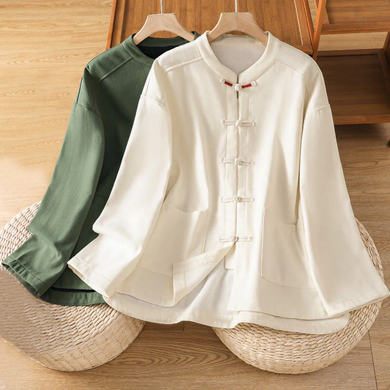 Giacca termica da donna con tasche, foderata in pile di cotone, manica lunga, bottoni a rana invernali Buddha Stones