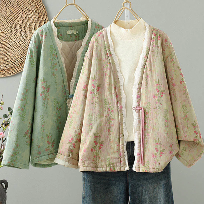 Giacca termica da donna in cotone a maniche lunghe con patchwork di pizzo invernale Buddha Stones e tasche