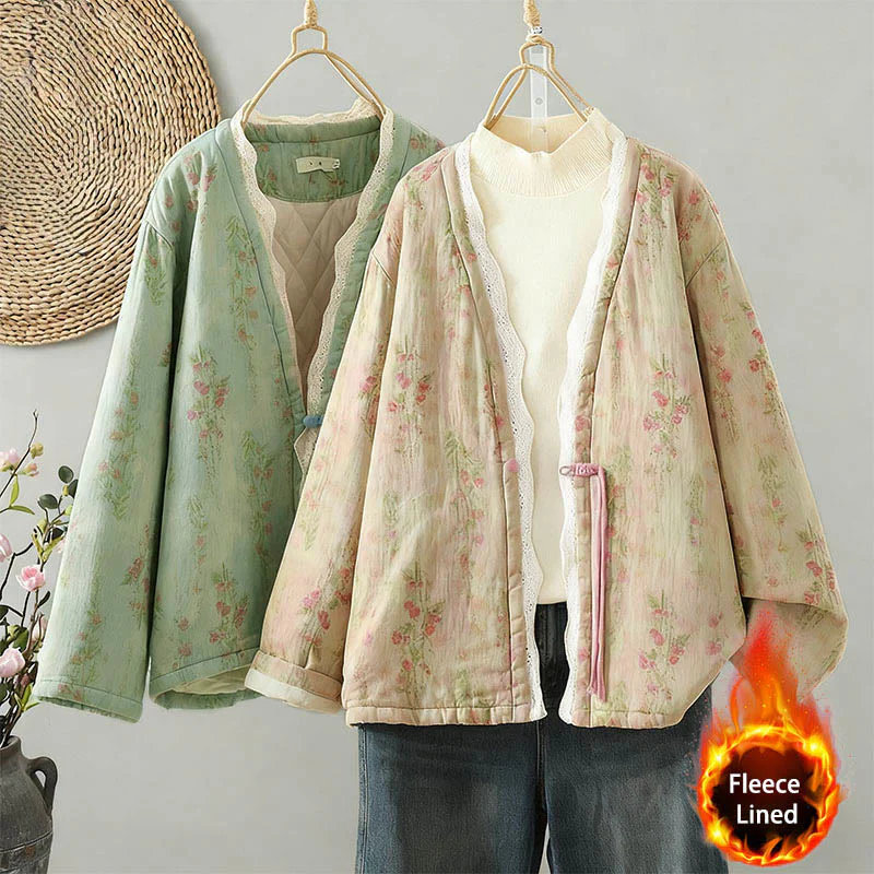 Giacca termica da donna in cotone a maniche lunghe con patchwork di pizzo invernale Buddha Stones e tasche - Image 22