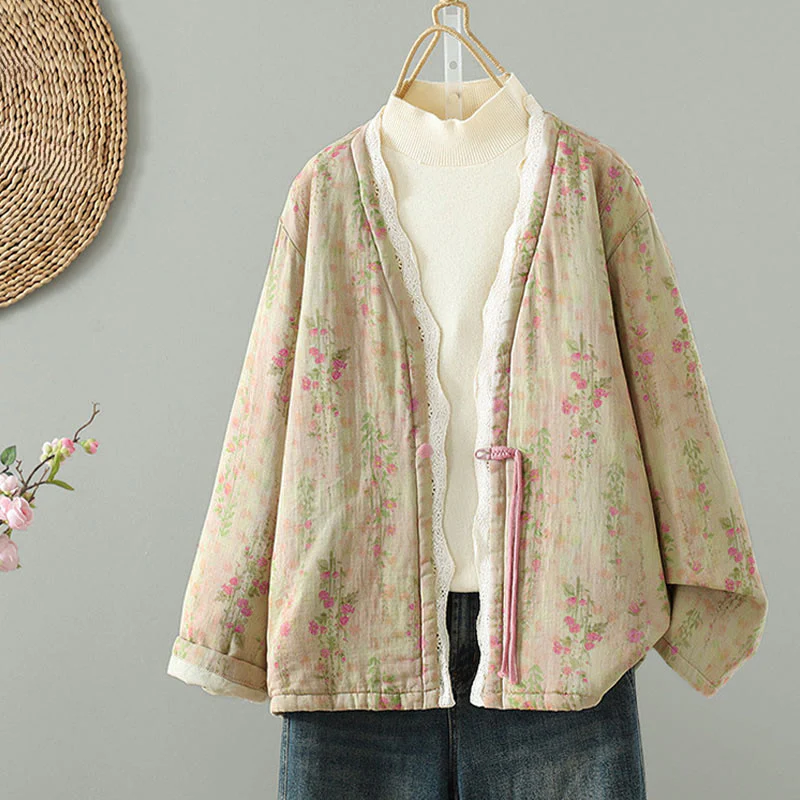 Giacca termica da donna in cotone a maniche lunghe con patchwork di pizzo invernale Buddha Stones e tasche - Image 3