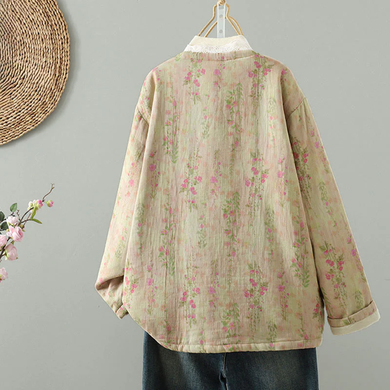 Giacca termica da donna in cotone a maniche lunghe con patchwork di pizzo invernale Buddha Stones e tasche - Image 4