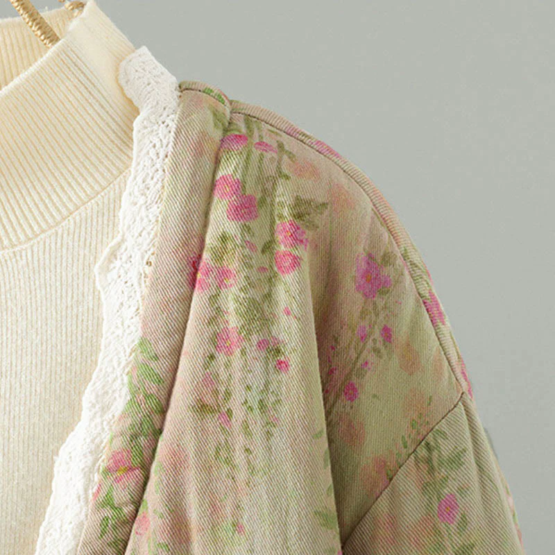 Giacca termica da donna in cotone a maniche lunghe con patchwork di pizzo invernale Buddha Stones e tasche - Image 7
