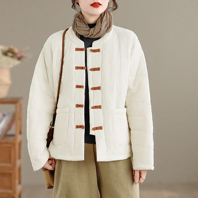 Giacca termica da donna in cotone a maniche lunghe con tasche, motivo a rombi e bottoni a rana invernali Buddha Stones - Image 18