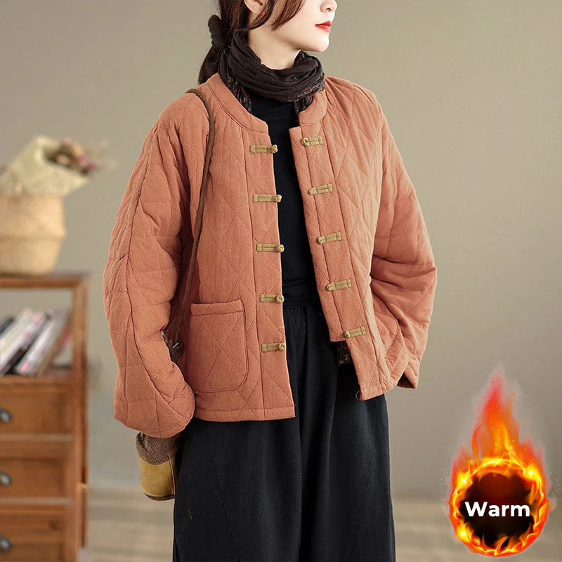 Giacca termica da donna in cotone a maniche lunghe con tasche, motivo a rombi e bottoni a rana invernali Buddha Stones - Image 2