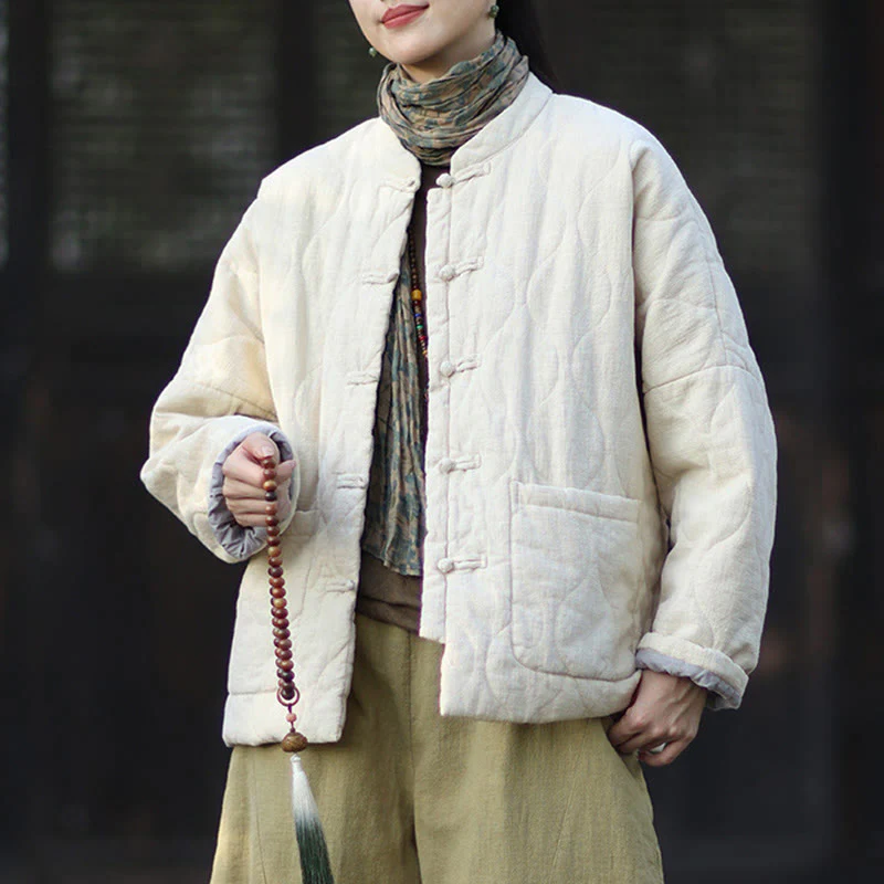 Giacca termica da donna in cotone ramiè con bottoni a rana, maniche lunghe, linee curve invernali , Buddha Stones, con tasche - Image 19