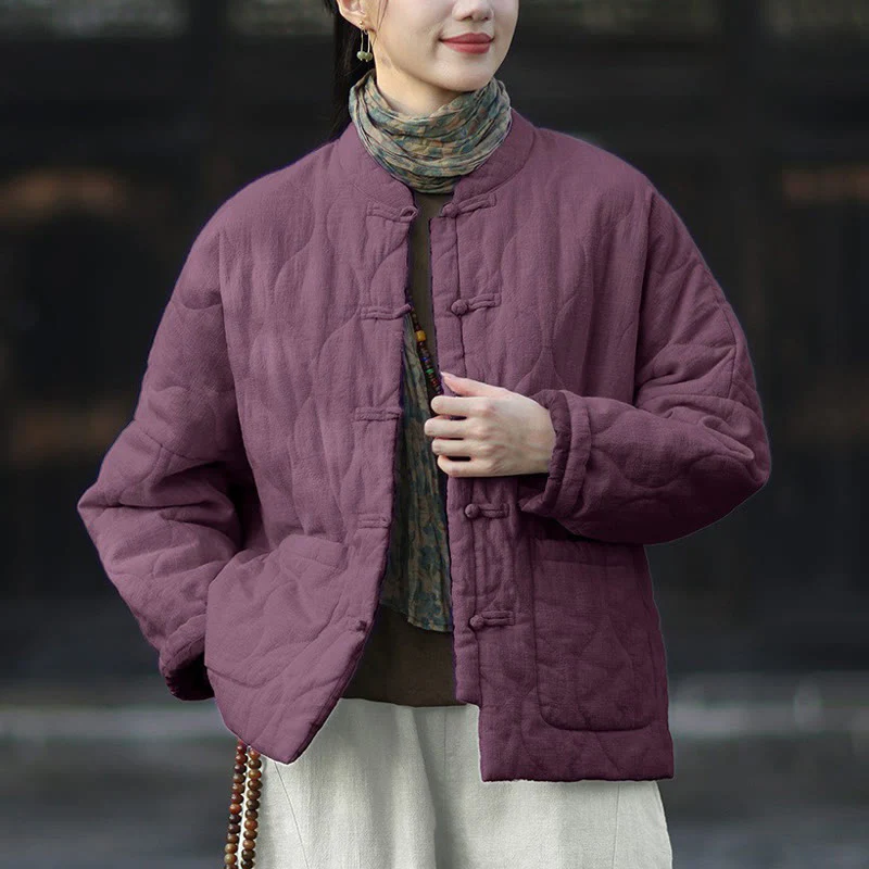Giacca termica da donna in cotone ramiè con bottoni a rana, maniche lunghe, linee curve invernali , Buddha Stones, con tasche - Image 39