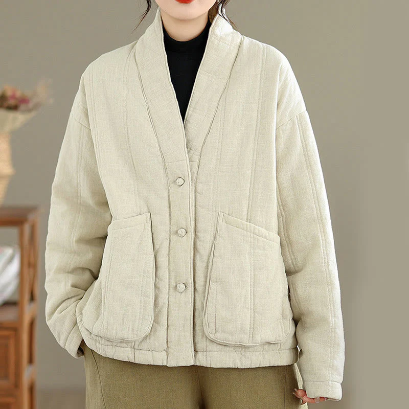 Giacca termica invernale da donna in cotone a maniche lunghe Buddha Stones con tasche - Image 2