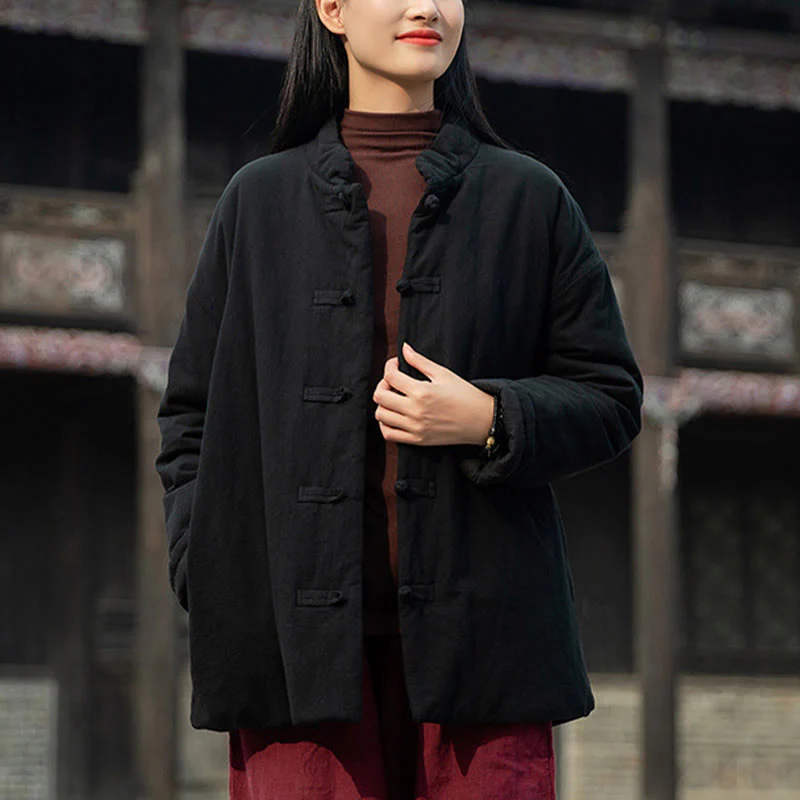Giacca termica invernale da donna in cotone a maniche lunghe con bottoni a rana Buddha Stones e tasche - Image 13
