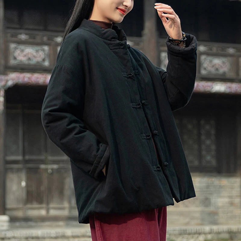 Giacca termica invernale da donna in cotone a maniche lunghe con bottoni a rana Buddha Stones e tasche - Image 14
