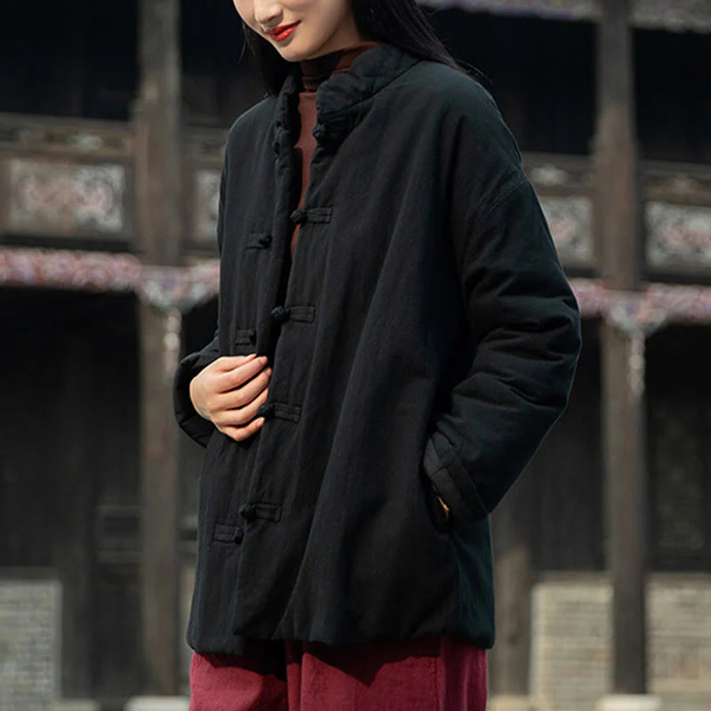 Giacca termica invernale da donna in cotone a maniche lunghe con bottoni a rana Buddha Stones e tasche - Image 15