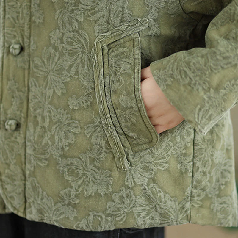 Giacca termica invernale da donna in cotone con maniche lunghe, scollo a V, bottoni a rana, jacquard Buddha Stones, con tasche - Image 11