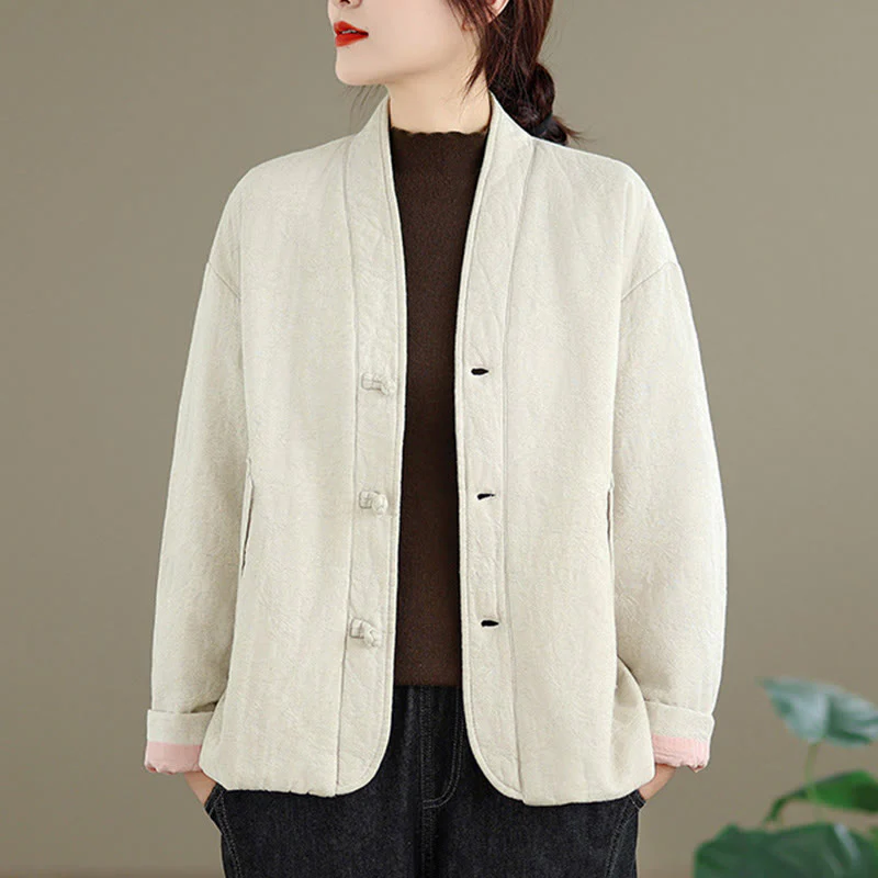 Giacca termica invernale da donna in cotone con maniche lunghe, scollo a V, bottoni a rana, jacquard Buddha Stones, con tasche - Image 17