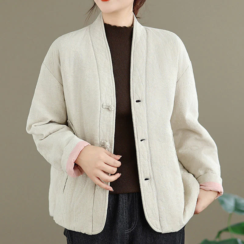 Giacca termica invernale da donna in cotone con maniche lunghe, scollo a V, bottoni a rana, jacquard Buddha Stones, con tasche - Image 18