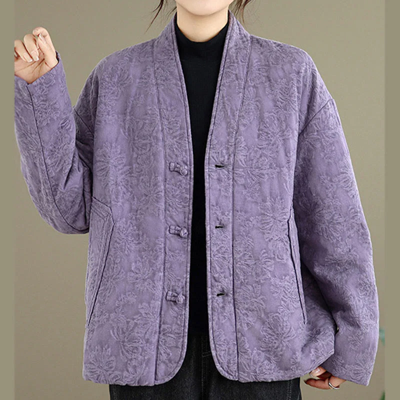 Giacca termica invernale da donna in cotone con maniche lunghe, scollo a V, bottoni a rana, jacquard Buddha Stones, con tasche - Image 21