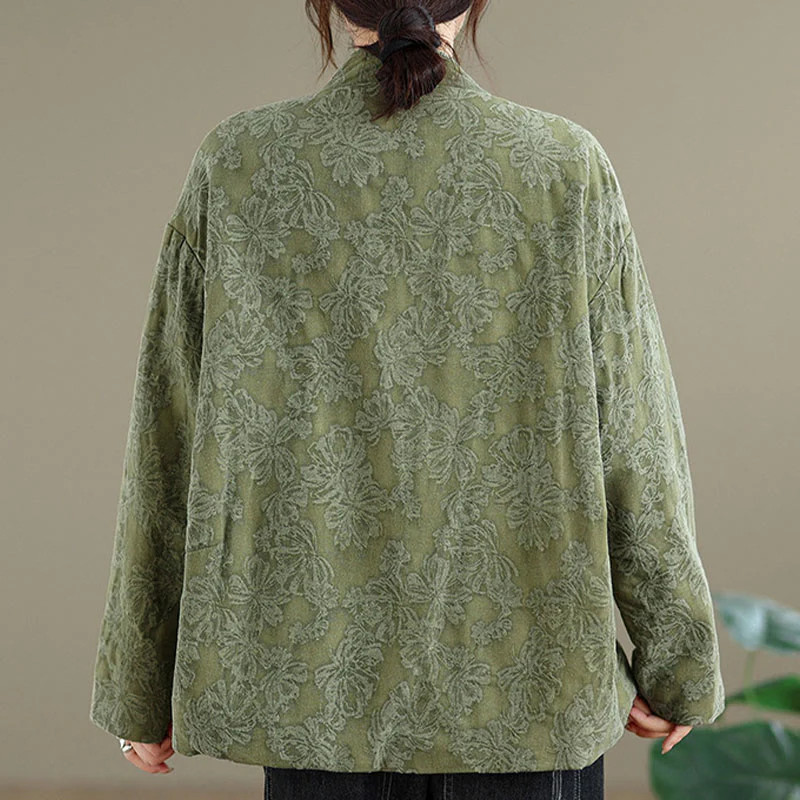Giacca termica invernale da donna in cotone con maniche lunghe, scollo a V, bottoni a rana, jacquard Buddha Stones, con tasche - Image 4