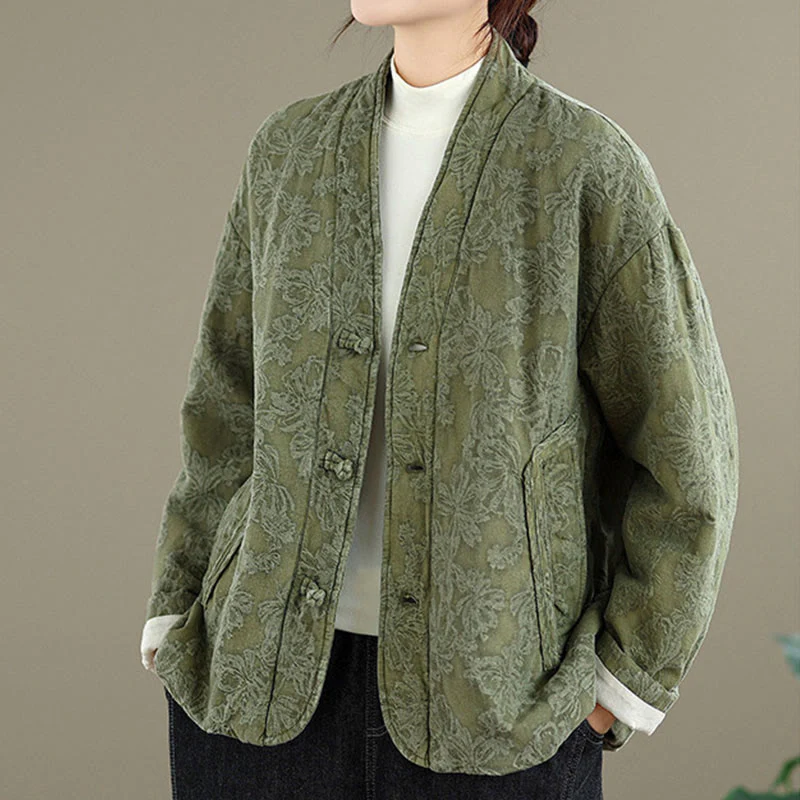 Giacca termica invernale da donna in cotone con maniche lunghe, scollo a V, bottoni a rana, jacquard Buddha Stones, con tasche - Image 5