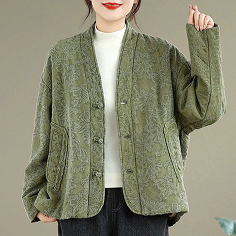 Giacca termica invernale da donna in cotone con maniche lunghe, scollo a V, bottoni a rana, jacquard Buddha Stones, con tasche - Image 6
