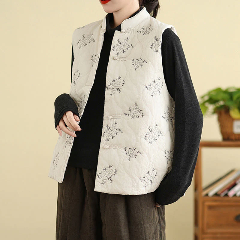 Gilet da donna in cotone senza maniche con bottoni a forma di rana ricamati con Buddha Stones e tasche - Image 14