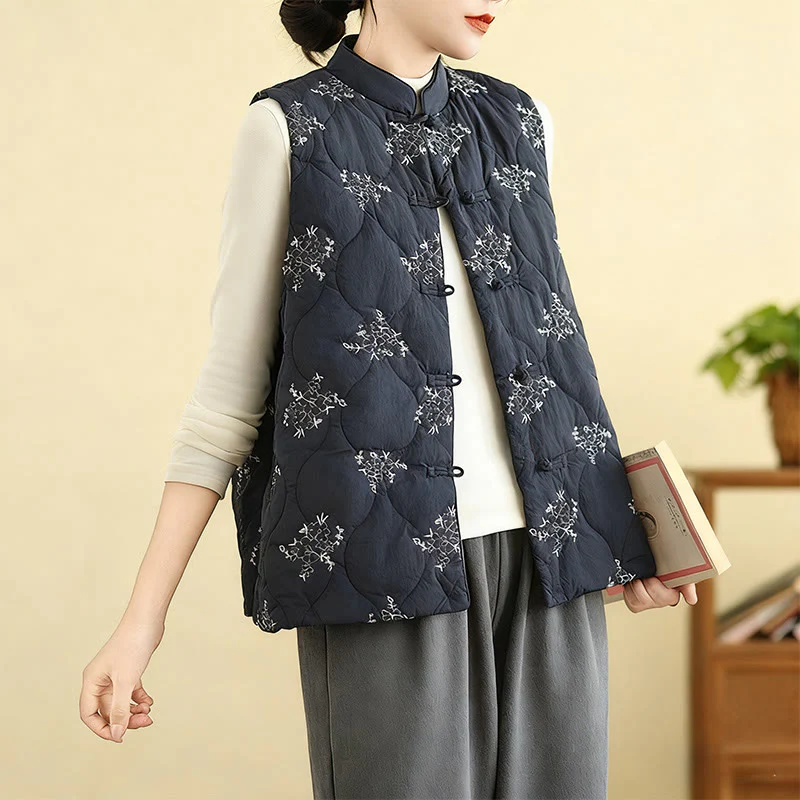 Gilet da donna in cotone senza maniche con bottoni a forma di rana ricamati con Buddha Stones e tasche - Image 3