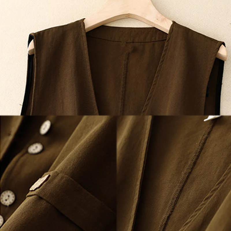 Gilet da donna in cotone senza maniche con tasche e bottoni frontali in tinta unita Buddha Stones - Image 12