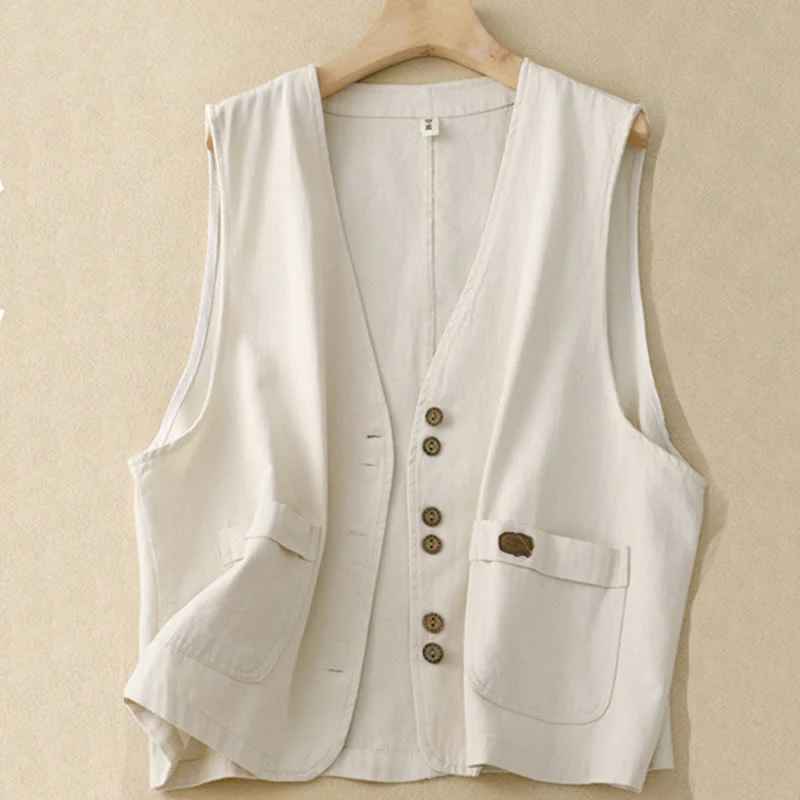 Gilet da donna in cotone senza maniche con tasche e bottoni frontali in tinta unita Buddha Stones - Image 14