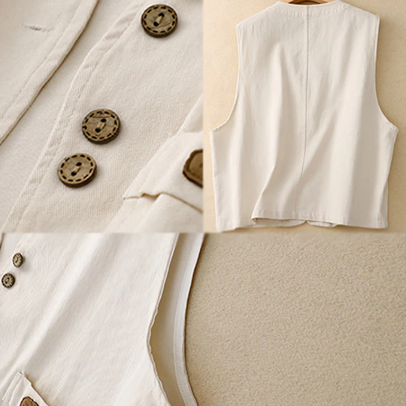 Gilet da donna in cotone senza maniche con tasche e bottoni frontali in tinta unita Buddha Stones - Image 18
