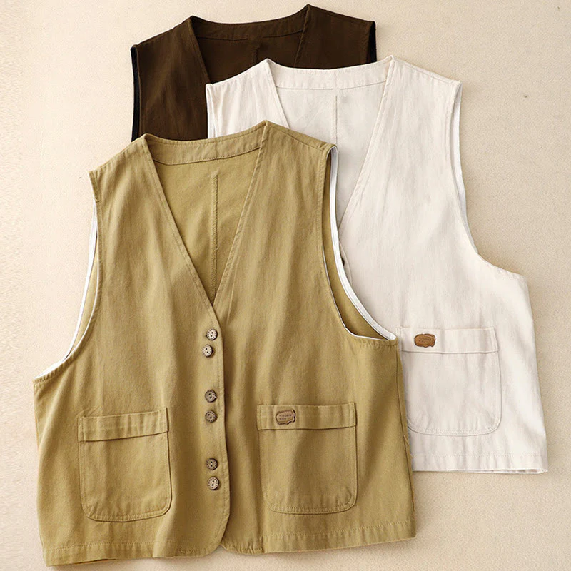 Gilet da donna in cotone senza maniche con tasche e bottoni frontali in tinta unita Buddha Stones - Image 19