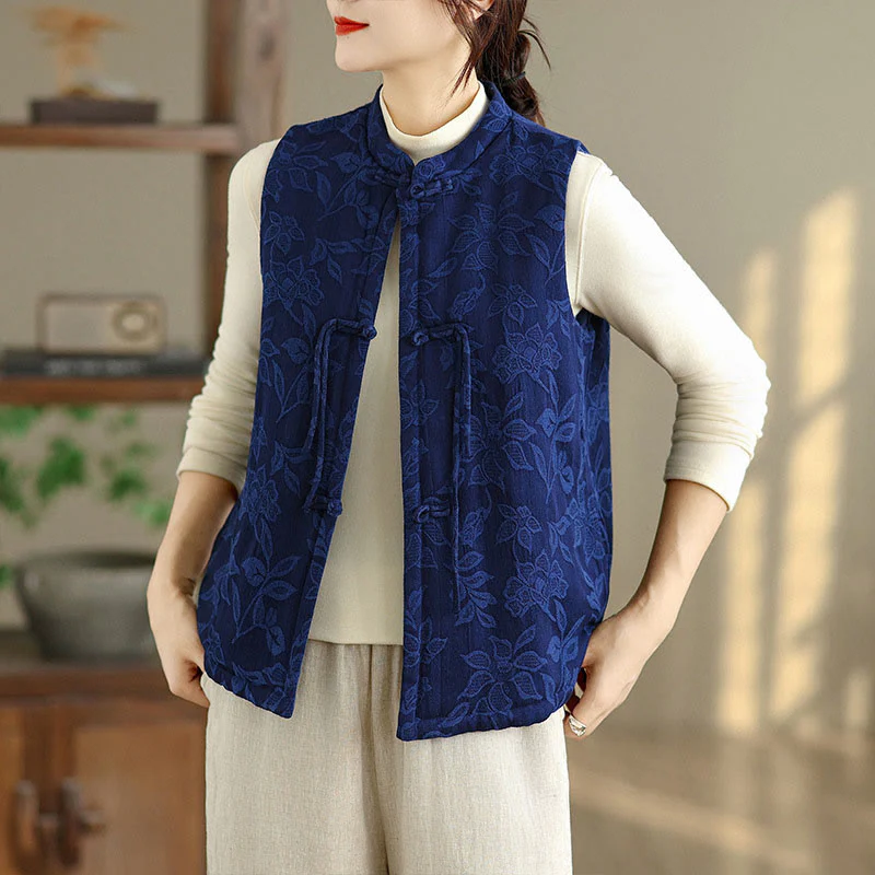 Gilet da donna in cotone senza maniche con tasche, motivo jacquard con Buddha Stones bottoni a rana
