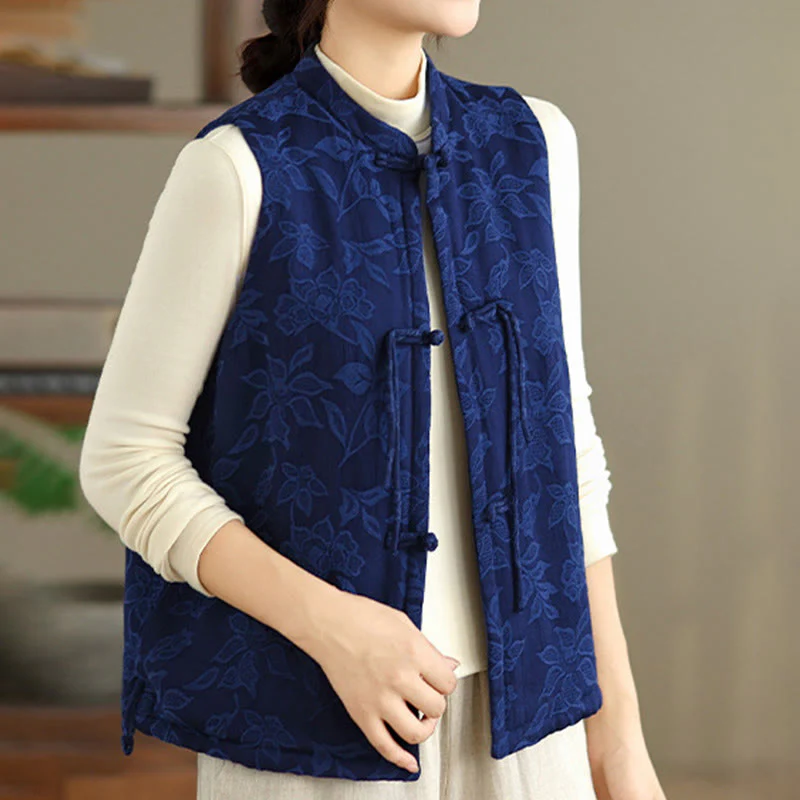 Gilet da donna in cotone senza maniche con tasche, motivo jacquard con Buddha Stones bottoni a rana - Image 2