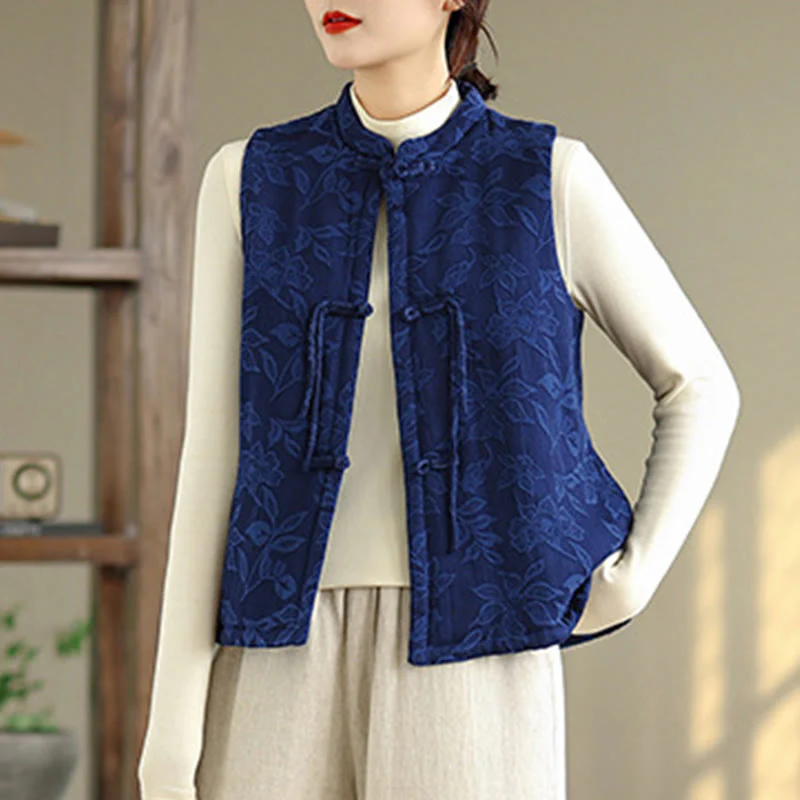 Gilet da donna in cotone senza maniche con tasche, motivo jacquard con Buddha Stones bottoni a rana - Image 3