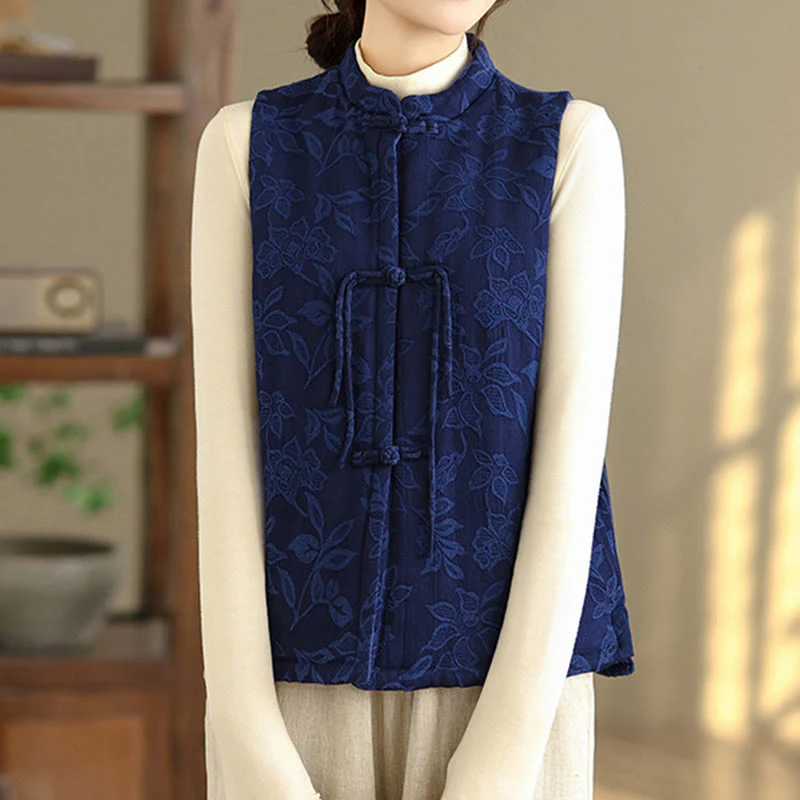 Gilet da donna in cotone senza maniche con tasche, motivo jacquard con Buddha Stones bottoni a rana - Image 4