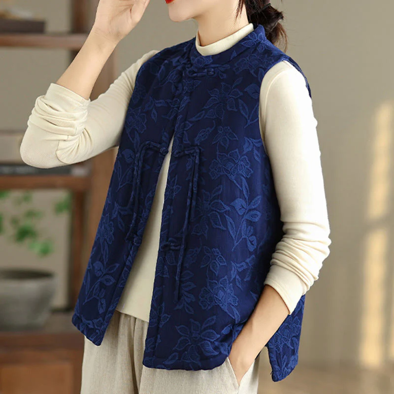 Gilet da donna in cotone senza maniche con tasche, motivo jacquard con Buddha Stones bottoni a rana - Image 5