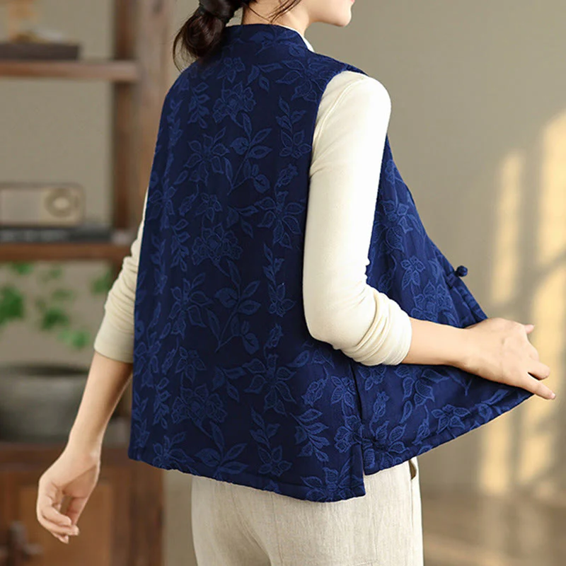 Gilet da donna in cotone senza maniche con tasche, motivo jacquard con Buddha Stones bottoni a rana - Image 6